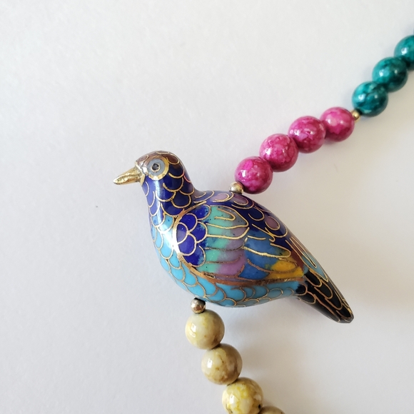 Vintage 1960's Gold Tone clasp, Multi Bead, Cloisonne Bird Necklace, - Picture 8 of 11